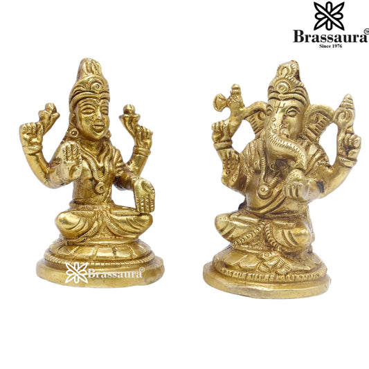 Brassaura® Mini Lakshmi Ganesha Brass Idol Set | Handmade Brass Murti Pair | Height 3 Inches