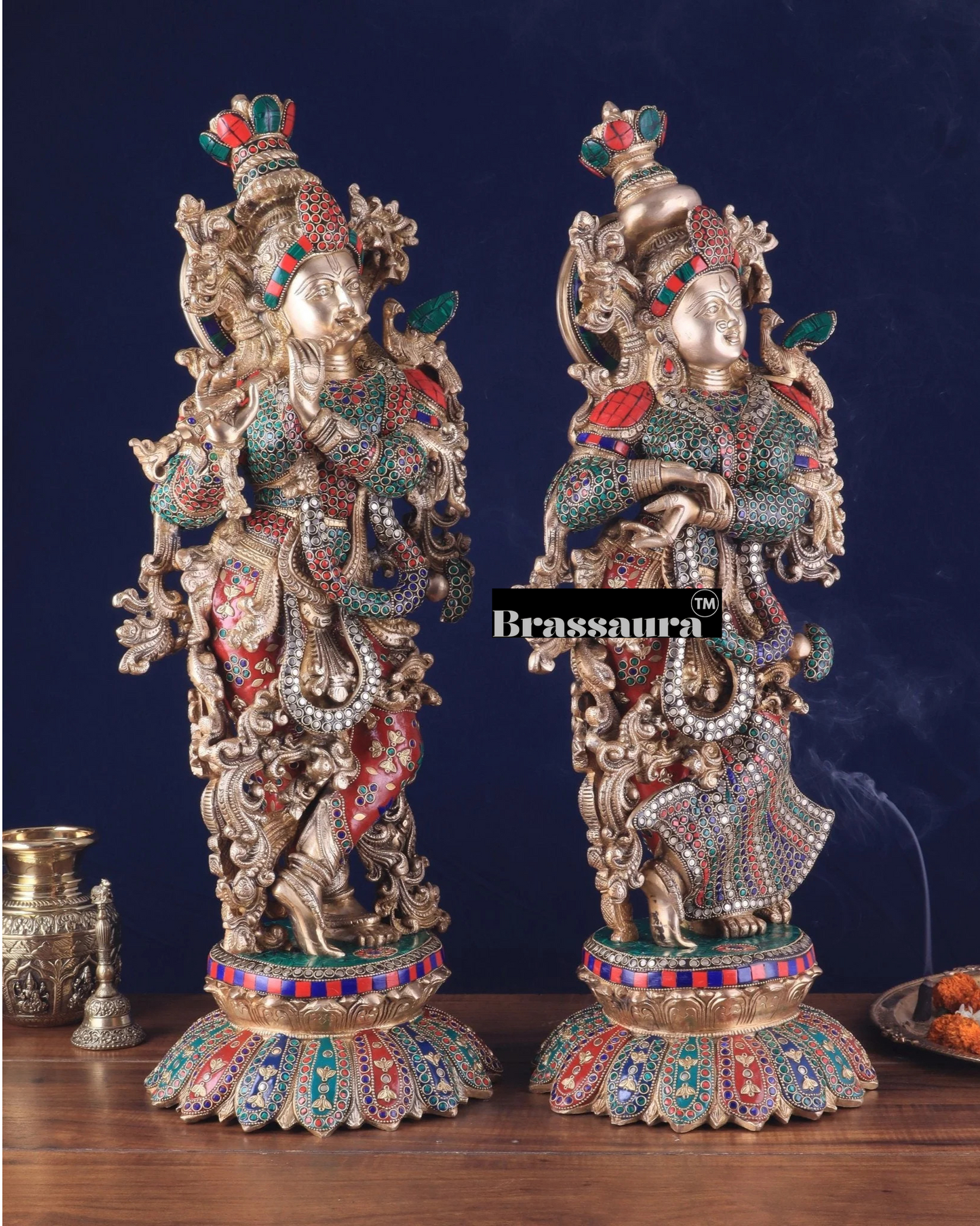 Brassaura™ Pure Brass Radha Krishna Statue with Triple-Layered Meenakari – Height 27 Inches & Weight 40 Kgs | Majestic Devotional Idol
