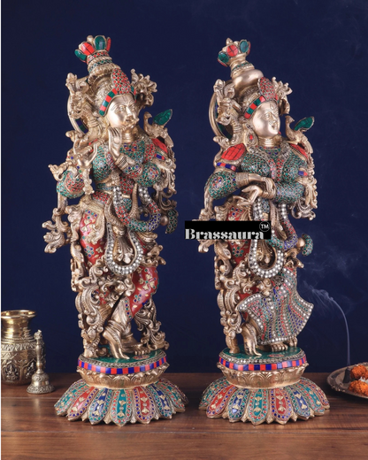 Brassaura™ Pure Brass Radha Krishna Statue with Triple-Layered Meenakari – Height 27 Inches & Weight 40 Kgs | Majestic Devotional Idol