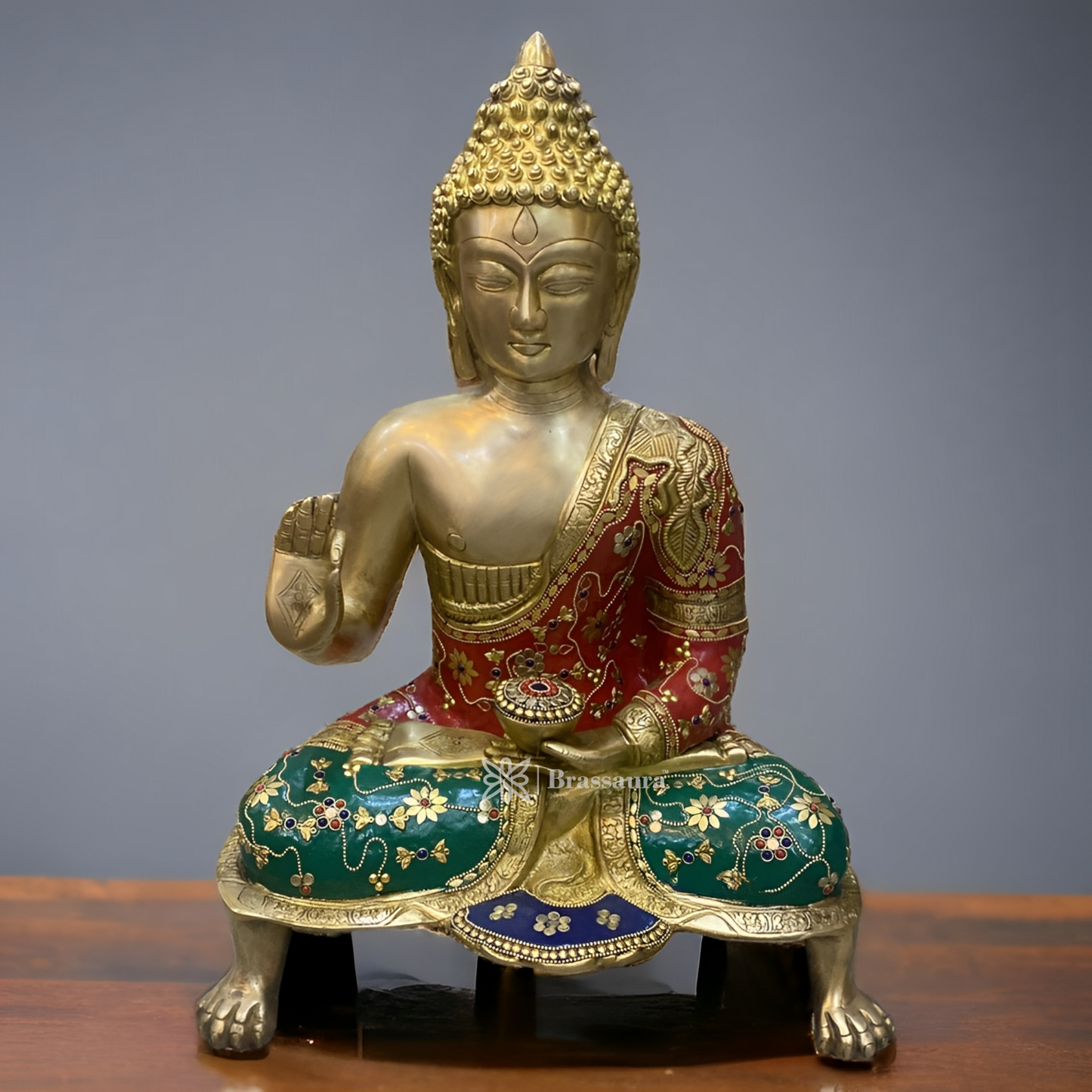 Brassaura™ Brass Buddha Statue in Blessing Abhaya Mudra – Height 18 Inches | Weight 12 Kgs | Tiger Feet Base