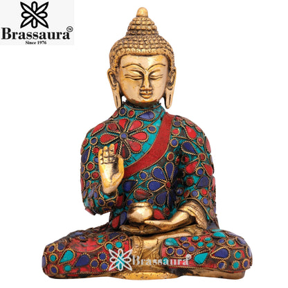 Brass Blessing Gem Stone Work Buddha Weight 2.2 kg & Height 7.5 Inch