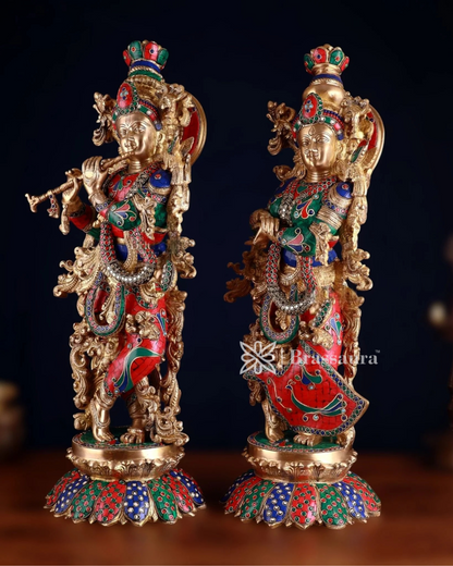 Brassaura™ Handcrafted Brass Radha Krishna Idol Pair with Lotus Base – Height 27 Inches & Weight 40 Kgs | Elegant Devotional Statue