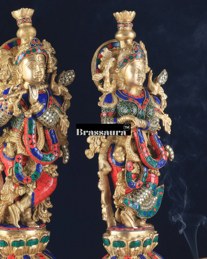 Brassaura™ Pure Brass Radha Krishna Statue with Brass Rings & Stones – Height 21 Inches & Weight 18 Kgs | Elegant Devotional Idol