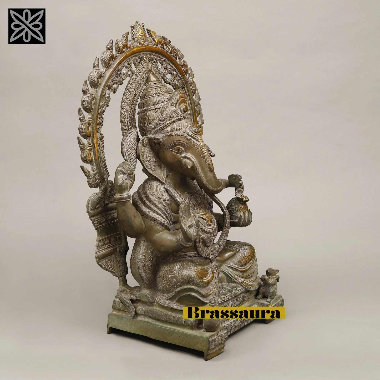 Brassaura™ Brass Ganesh Seated with Rat Frame – Green Antique Finish – Height 20 Inches, Weight 19.06 Kgs
