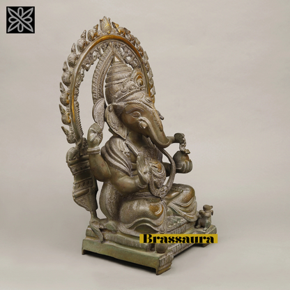 Brassaura™ Brass Ganesh Seated with Rat Frame – Green Antique Finish – Height 20 Inches, Weight 19.06 Kgs