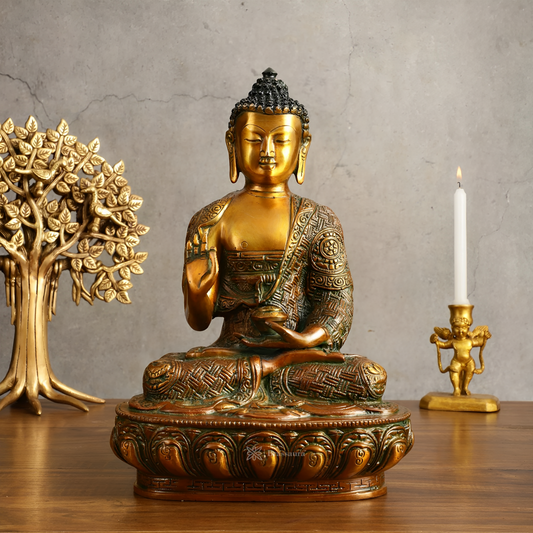 Brassaura™ Pure Brass Buddha Statue in Antique Finish – Height 12 Inches, Weight 5.05 Kgs