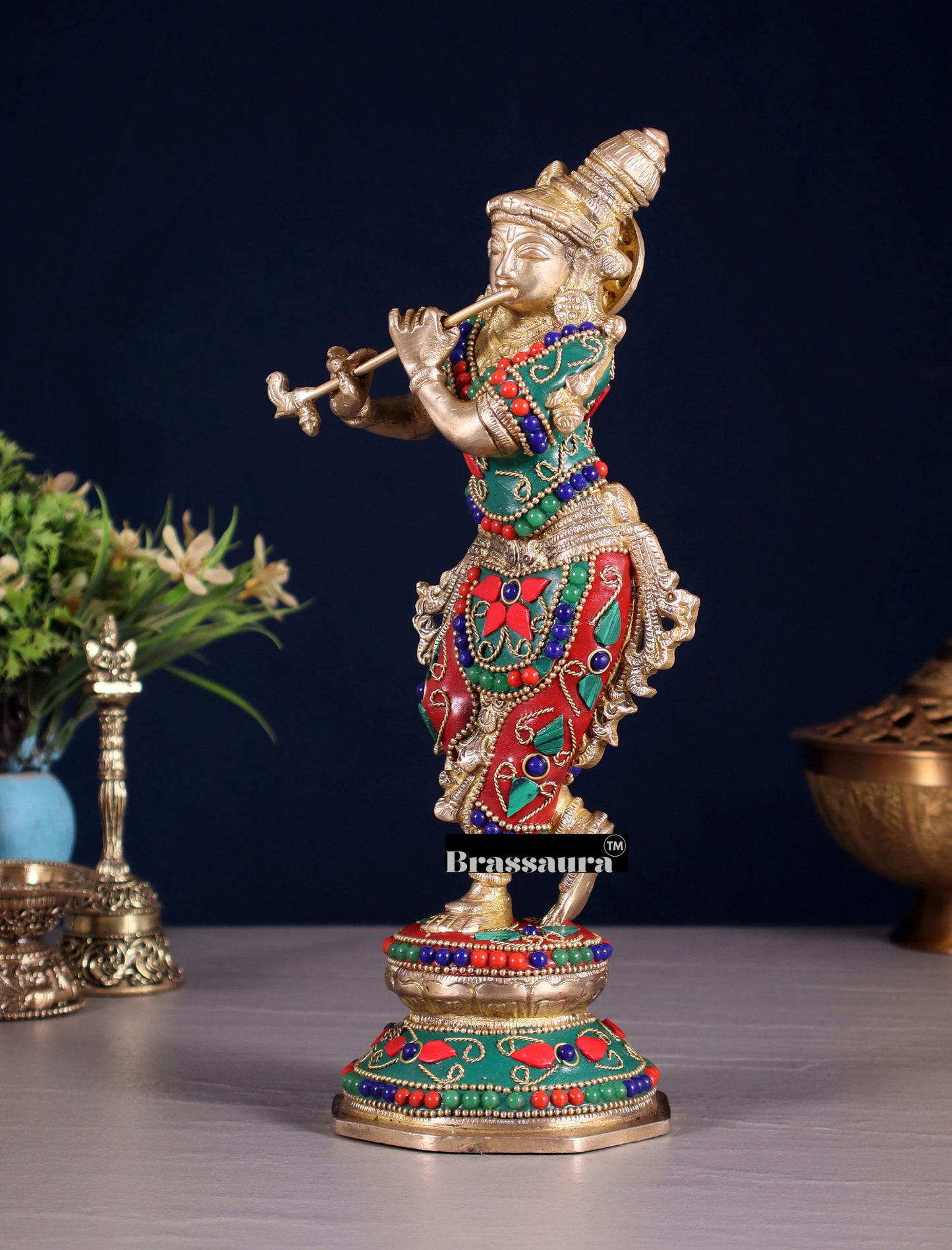 BrassAura™ Unique Brass Krishna Statue – Floral Stonework Design | Height 9.5 Inch | Weight 2 Kg
