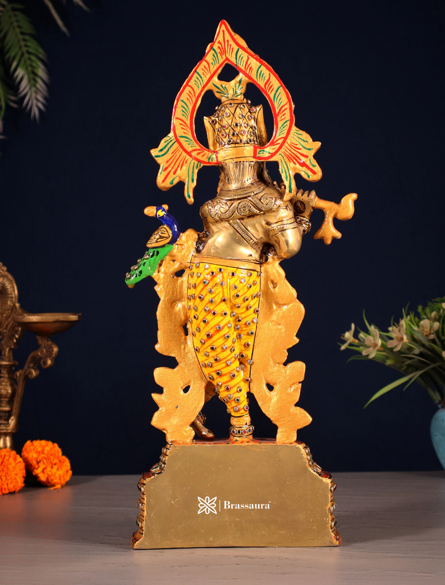BrassAura™ Pure Brass Lord Krishna Statue – Laakh Meenakari Work | Height 13.5 Inch | Weight 3.3 Kg