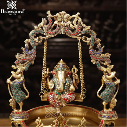 Brass Gem Stone Work Ganesha Urli Statue Weight 12.08 Kg And Height 20 Inch