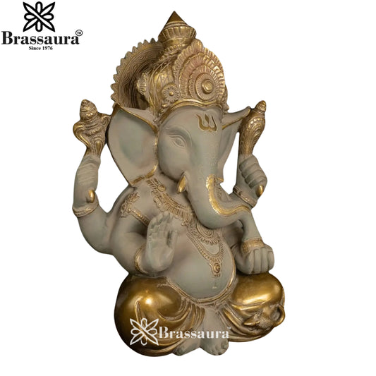 Brassaura® Ganesh Brass Statue in Blessing Mudra | Pure Brass | Height 12 Inches