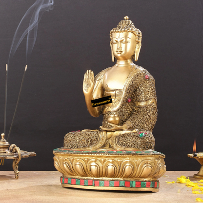 Brassaura™ Brass Buddha Statue with Stonework – Height 12 Inches & Weight 5.5 Kgs