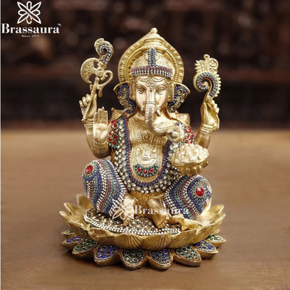 Brass Gem Stone Work Ganesha Weight 5.4 Kg & Height 9.5 Inch