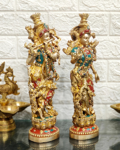 Brassaura™ Finely Carved Radha Krishna Statues – 14 Inch Height, 8.5 Kg Pair | Natural Stone & Pure Brass Ring Detailing