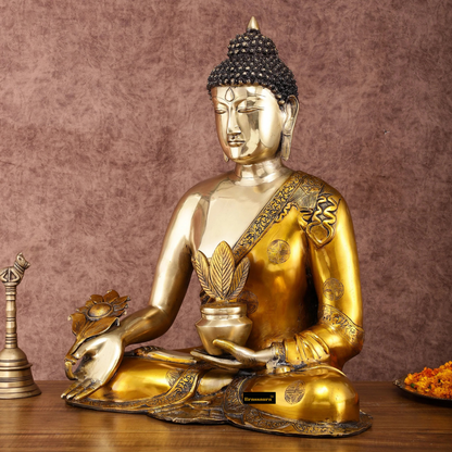 Brassaura™ Large Pure Brass Medicine Healing Buddha Idol – Height 23 Inches, Weight 22 Kgs