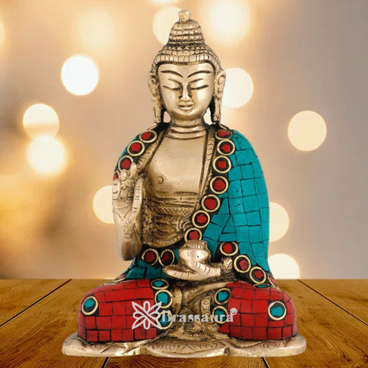 Brass Blessing Gem Stone Work Buddha Weight 0.7 kg & Height 4.5 Inch