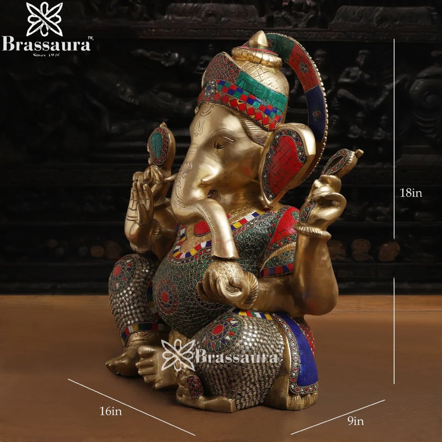 Brass Gem Stone Work Ganesha Weight 22.5 Kg & Height 18 Inch