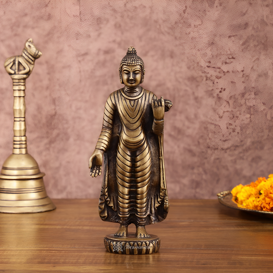 Brassaura™ Pure Brass Standing Buddha Idol – Height 9 Inches, Weight 1.5 Kgs