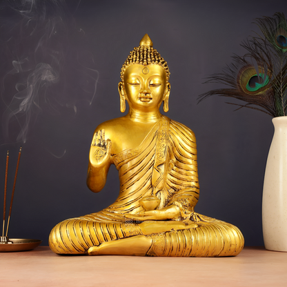 Brassaura™ Pure Brass Buddha Statue in Abhaya Mudra – Height 14 Inches, Weight 7 Kgs