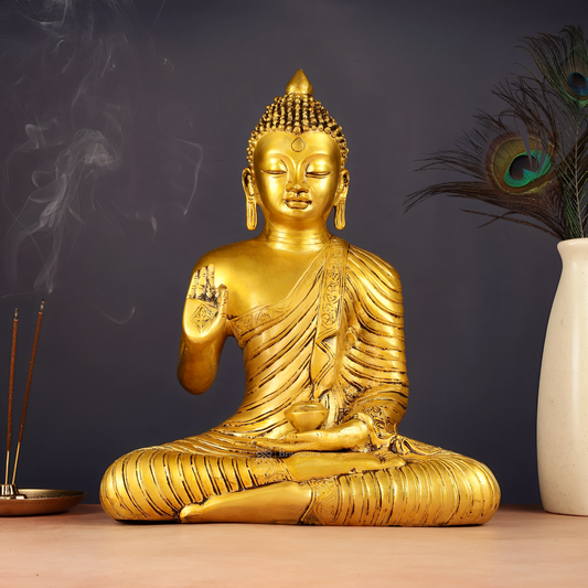 Brassaura™ Pure Brass Buddha Statue in Abhaya Mudra – Height 14 Inches, Weight 7 Kgs