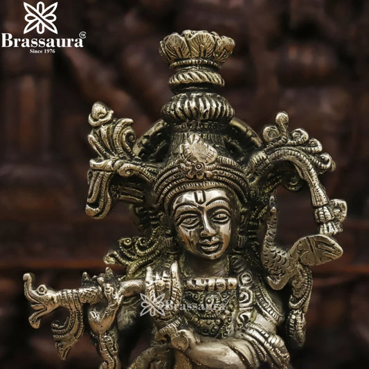Brassaura® Lord Krishna Playing Flute Idol | Pure Superfine Brass Handcrafted Silver Antique Finish Murti | Premium Krishna Statue for Home Temple, Pooja Room & Spiritual Décor | Height 12 Inches | Weight 2.92 Kgs