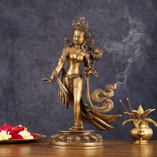 Brassaura™ Pure Brass Tibetan Standing Tara Devi Buddhist Goddess Idol – Height 15 Inches, Weight 4 Kgs