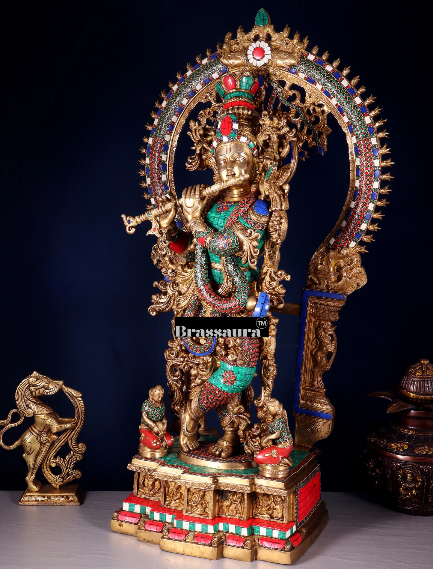 BrassAura™ Pure Superfine Brass Krishna Statue with Large Prabhavali Frame – Intricate Stonework | Height 33 Inch | Weight 35 Kg