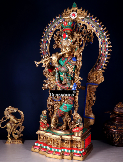 BrassAura™ Pure Superfine Brass Krishna Statue with Large Prabhavali Frame – Intricate Stonework | Height 33 Inch | Weight 35 Kg