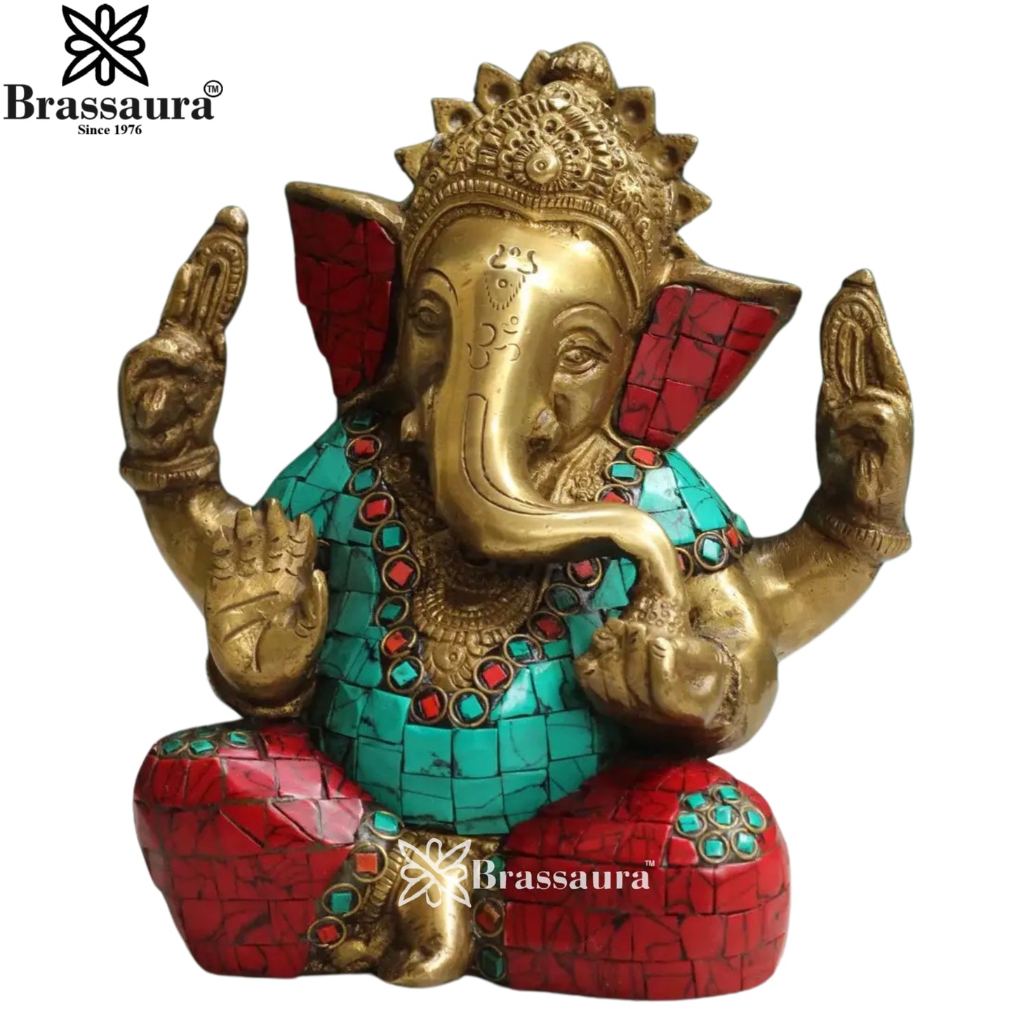 Brass Gem Stone Work Ganesha Statue Weight 2.3 Kg & Height 6.5 Inch