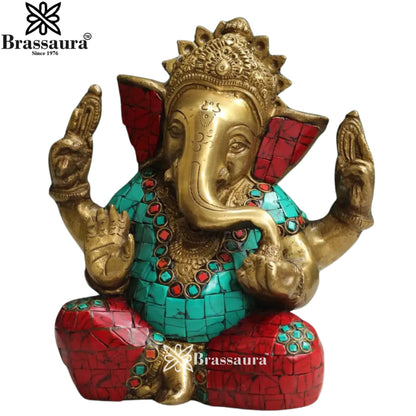 Brass Gem Stone Work Ganesha Statue Weight 2.3 Kg & Height 6.5 Inch