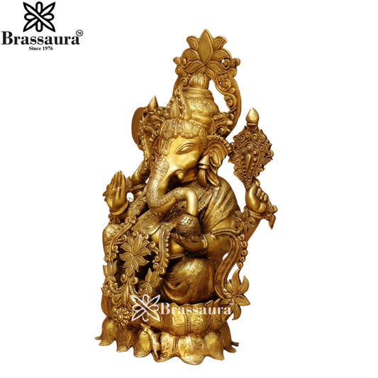 Brassaura® Grand Lord Ganesha with Ornate Floral Backrest | Brass Idol | Height 24 Inches