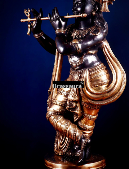 Brassaura™ Large Lord Krishna Brass Statue – Height 36" | Weight 22 Kgs | Black & Golden Finish