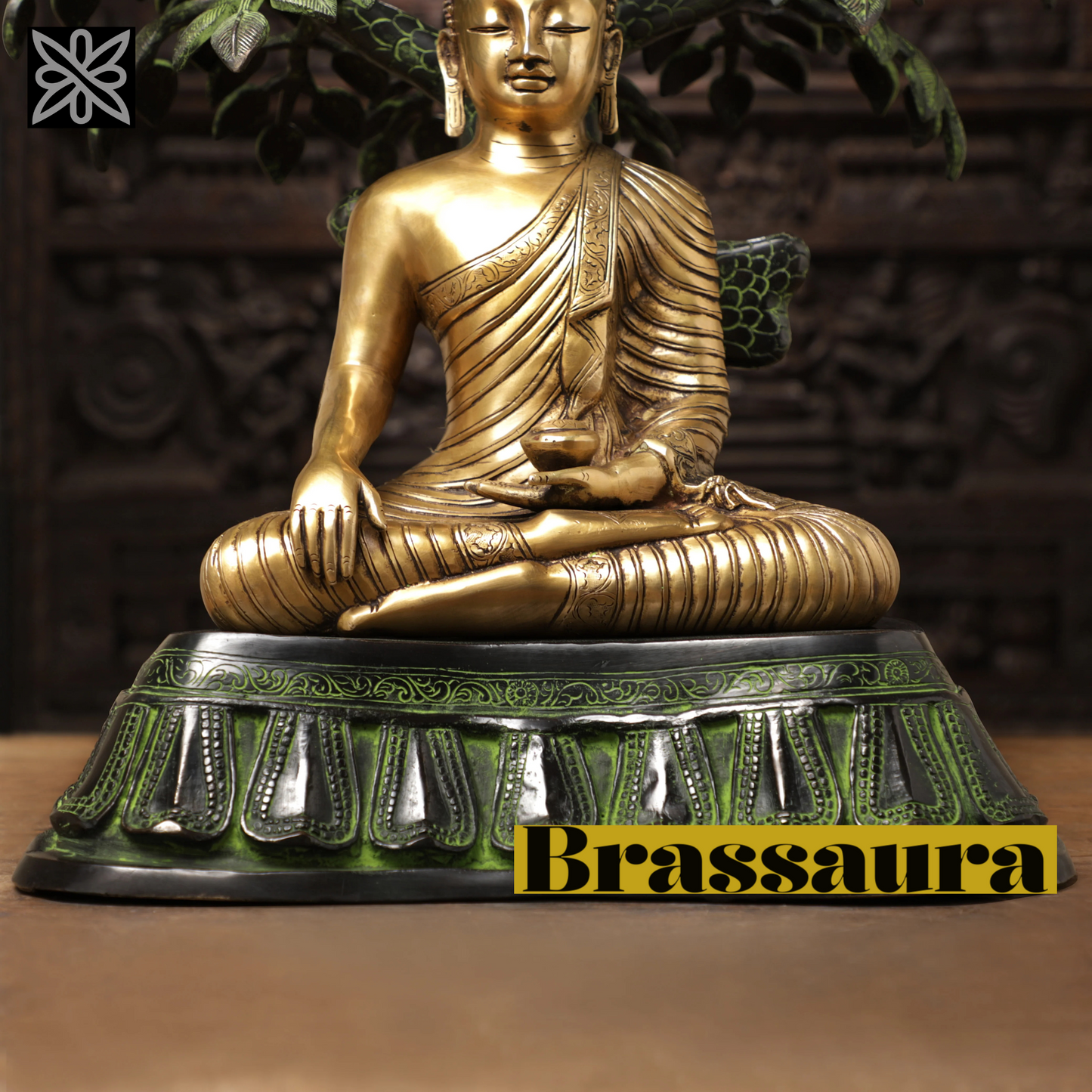 Brassaura™ Brass Buddha Statue in Bhumisparsha Mudra under Bodhisattva Tree – Height 30 Inches | Weight 37.12 Kgs | Golden & Green Finish