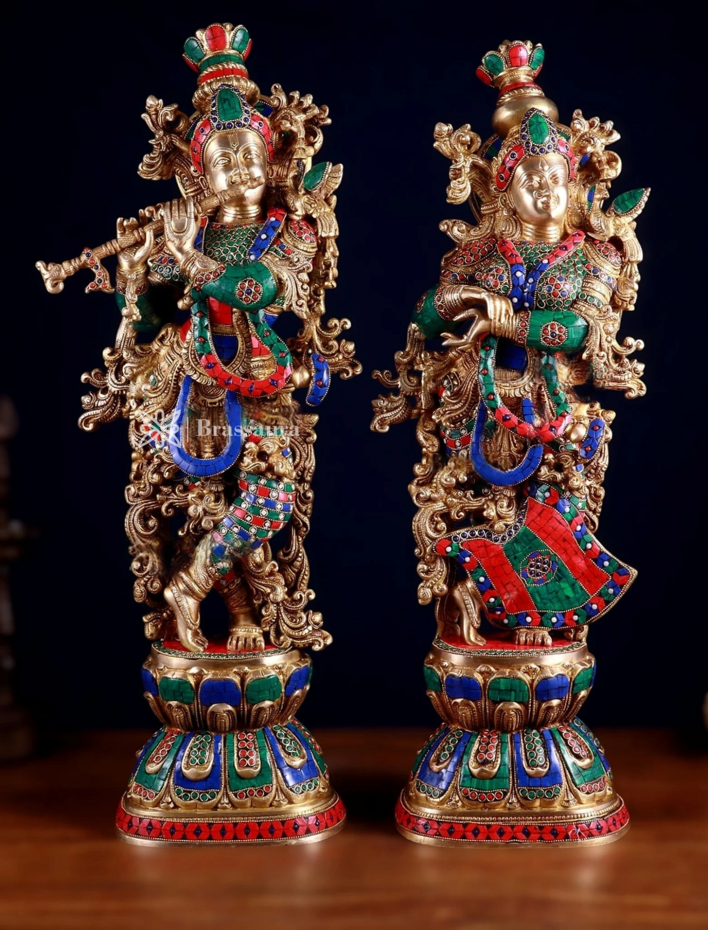 Brassaura™ Handcrafted Brass Radha Krishna Idol Pair with Meenakari – Height 29.5 & 29 Inches & Weight 33 Kgs | Elegant Devotional Statue