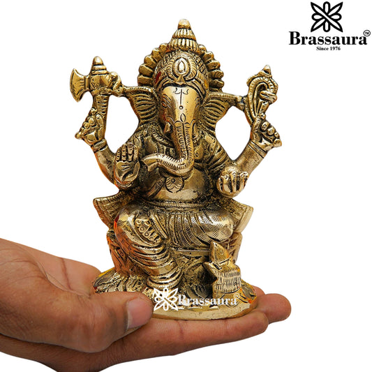 Brassaura® Lakshmi Ganesha Brass Idol Pair | Traditional Handcrafted Pooja Murti Set | Height 5 Inches