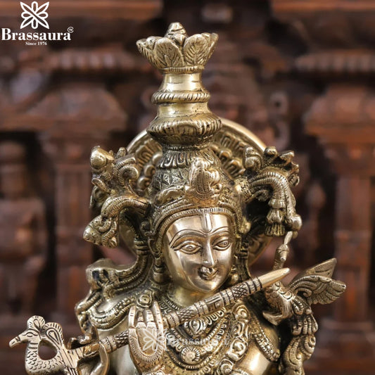 Brassaura® Lord Venugopala Playing Flute with Sacred Cow Idol | Pure Superfine Brass Handcrafted Murti | Brass Statue for Home Temple, Pooja Room & Living Room | Height 22.5 Inches | Weight 16.46 Kgs