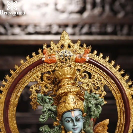 Brassaura® Lord Krishna Playing Flute Idol with Decorative Prabhavali | Pure Brass Handcrafted Multicolor Antique Finish Murti for Home Temple & Luxury Décor | Height 32 Inches | Weight 33.46 Kgs