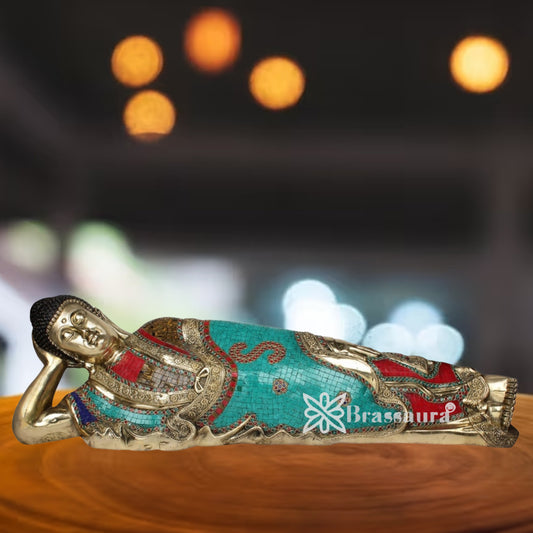 Brass Sleeping Gem Stone Work Buddha Weight 27 kg & Height 12 Inch