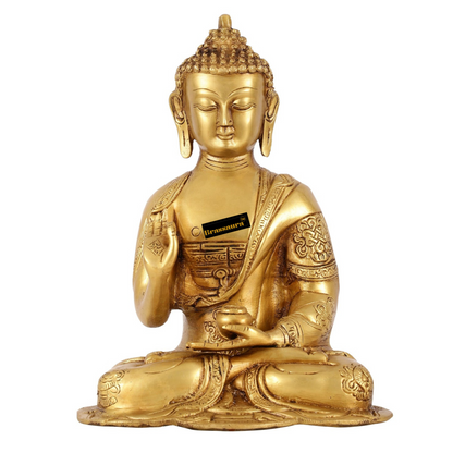 Brassaura™ Brass Buddha Idol in Abhaya Mudra – Height 10 Inches | Weight 2.8 Kgs | Spiritual Decor