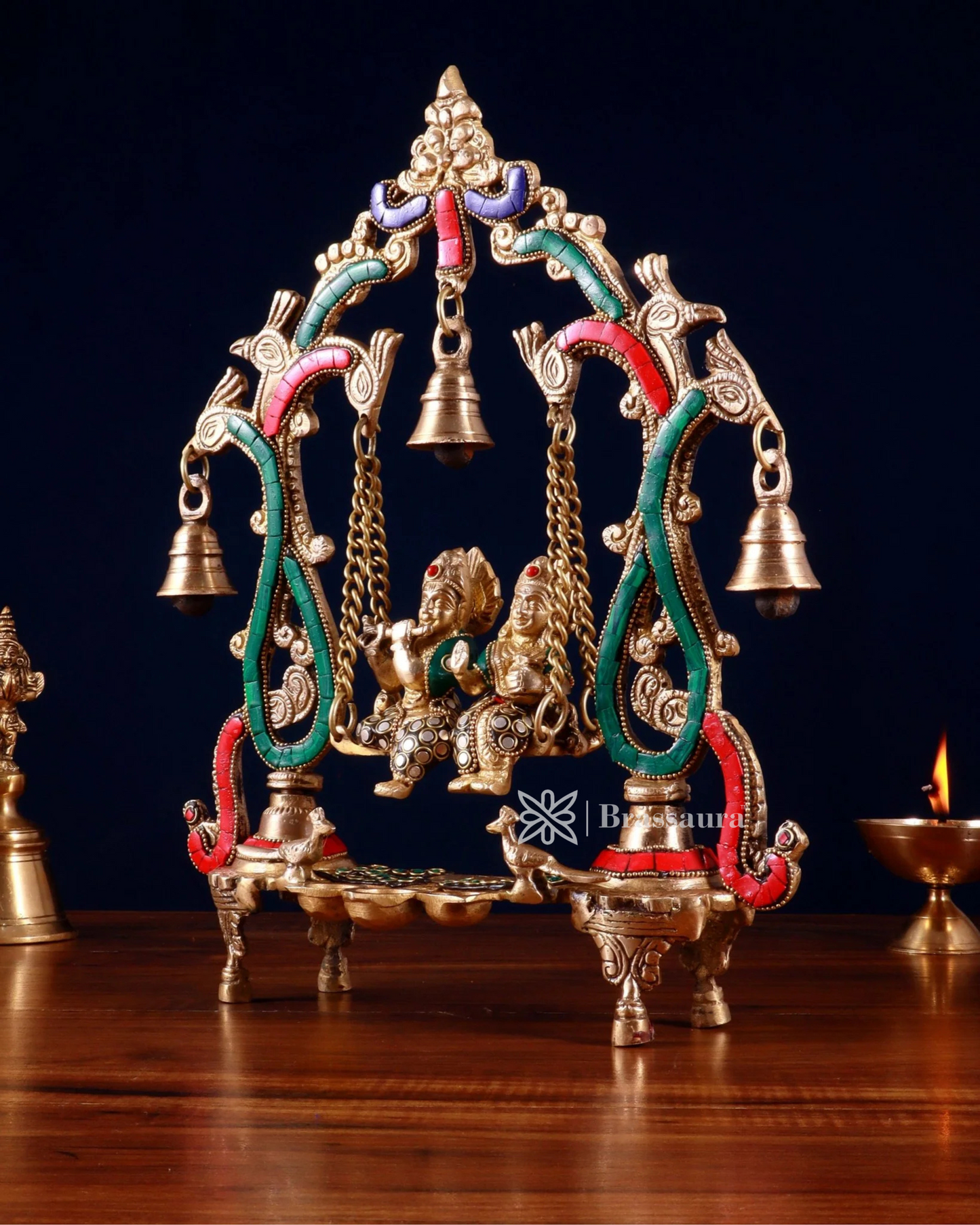 Brassaura™ Brass Radha Krishna Swing Idol with Diyas, Peacocks & Bells – Height 13.5 Inches & Weight 2.4 Kgs | Elegant Devotional Statue