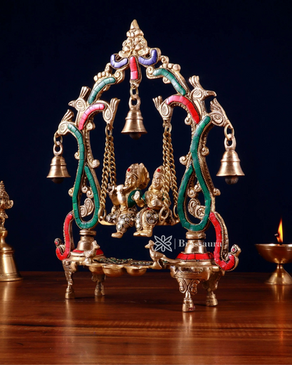 Brassaura™ Brass Radha Krishna Swing Idol with Diyas, Peacocks & Bells – Height 13.5 Inches & Weight 2.4 Kgs | Elegant Devotional Statue