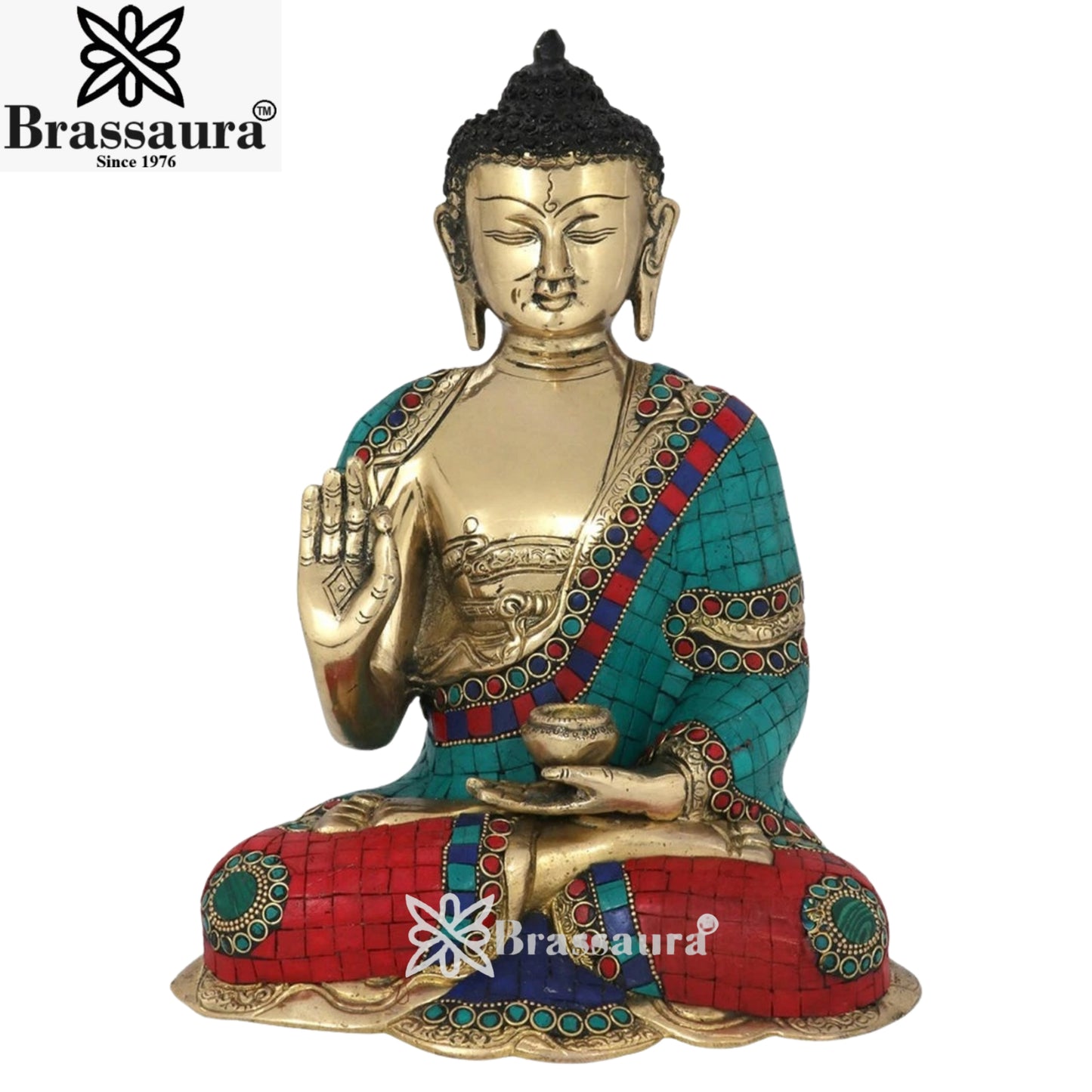 Brass Blessing Gem Stone Work Buddha Weight 5.5 kg & Height 12 Inch