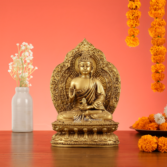 Brassaura™ Brass Standard Buddha Idol – Height 10.5 Inches | Weight 5.5 Kgs | Home & Spiritual Decor