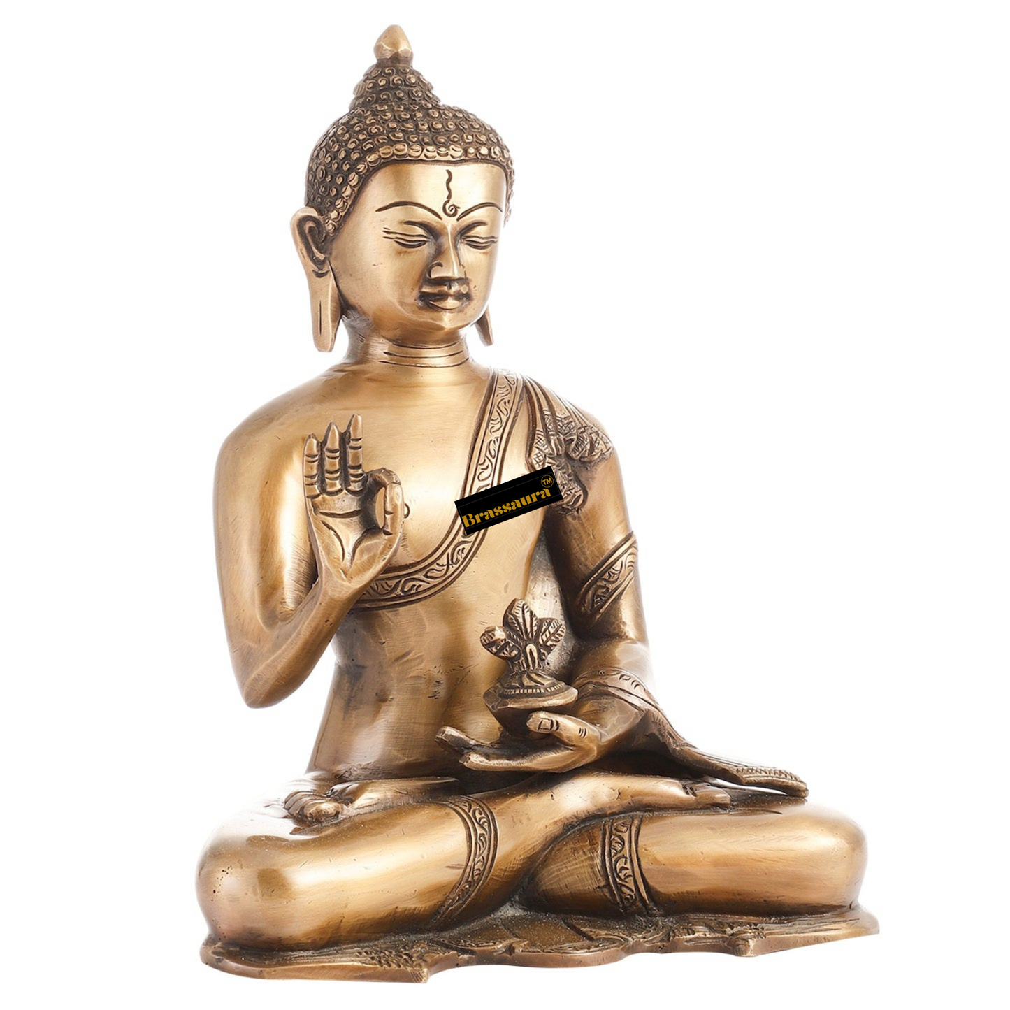 Brassaura™ Smooth Matte Gold Brass Buddha Statue – Abhaya Mudra – Height 10.5 Inches, Weight 5.5 Kgs