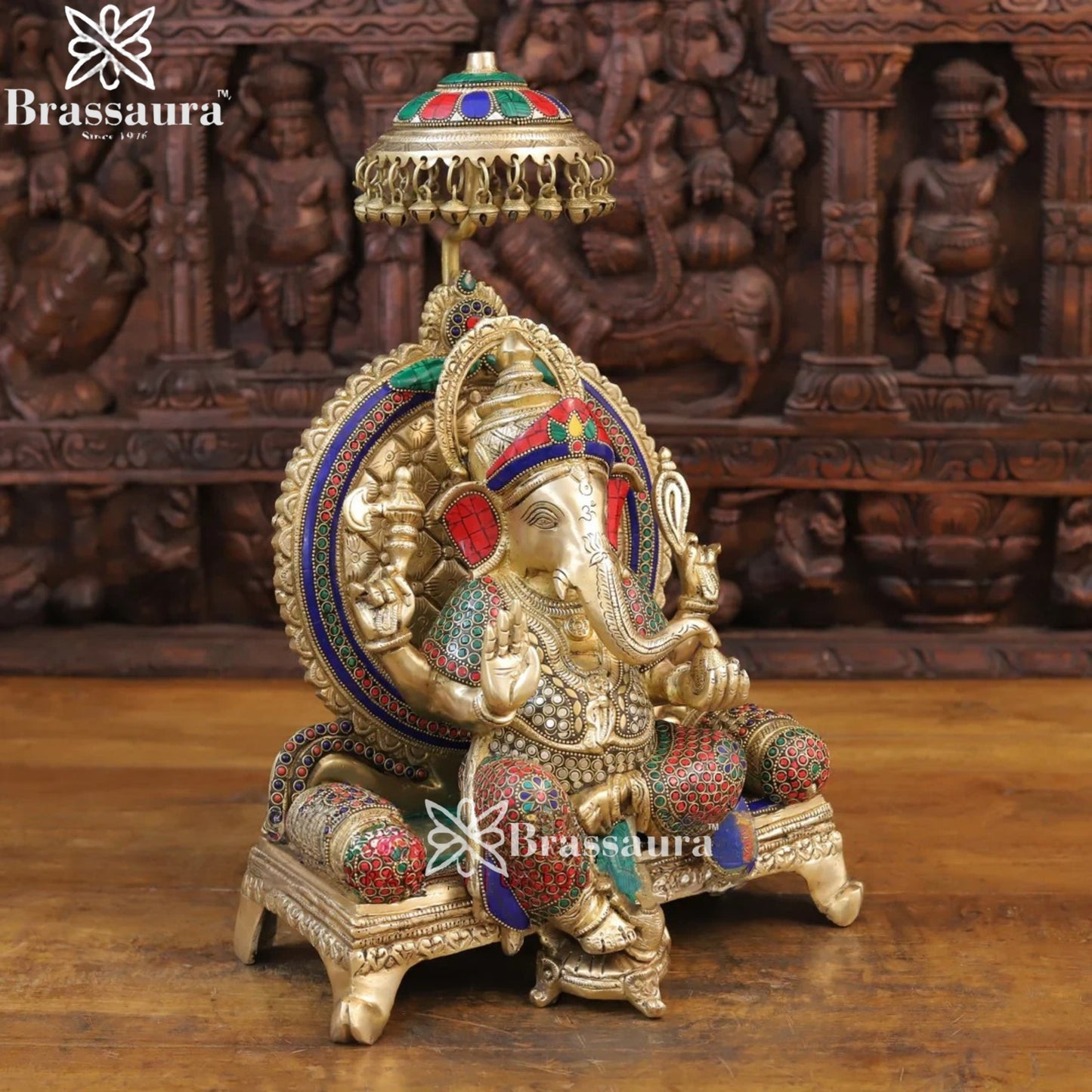 Brass Gem Stone Work Standing Ganesha Weight 14.54 Kg & Height 18 Inch