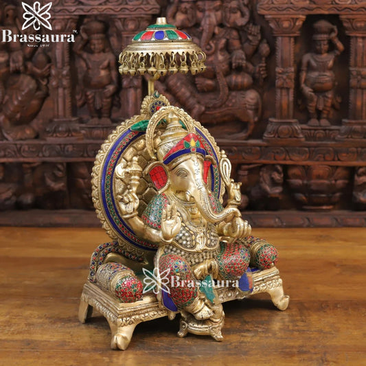 Brass Gem Stone Work Standing Ganesha Weight 14.54 Kg & Height 18 Inch