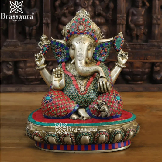 Brass Gem Stone Work Ganesha Weight 14 Kg & Height 15 Inch