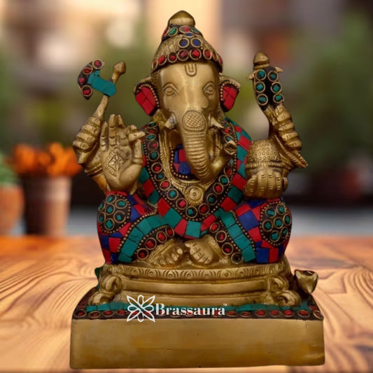 Brass Gem Stone Work Ganesha Weight 2.65 Kg & Height 6.6 Inch