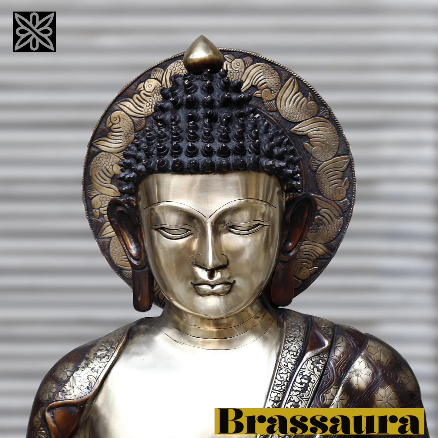 Brassaura™ Large Brass Buddha Statue with Carvings – Height 44 Inches | Weight 92.2 Kgs | Copper & Smooth Finish