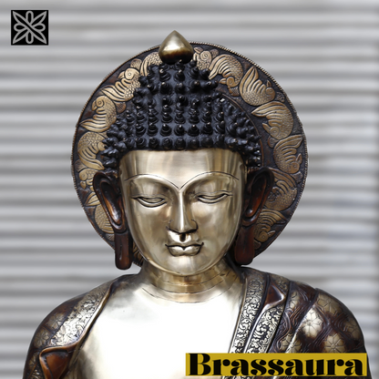 Brassaura™ Large Brass Buddha Statue with Carvings – Height 44 Inches | Weight 92.2 Kgs | Copper & Smooth Finish