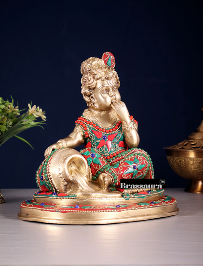 Brassaura™ Pure Brass Baby Krishna Makhan Chor Idol with Meenakari Stonework – Height 8 Inches & Weight 3.5 Kgs